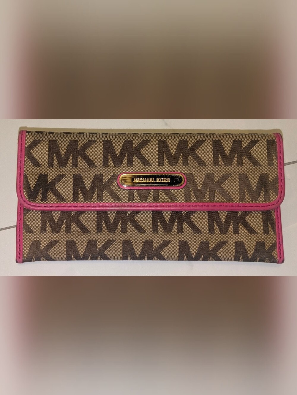 Michael Kors Austin Flat Continental Wallet MK Monogram Brown/Pink Trim/Gold